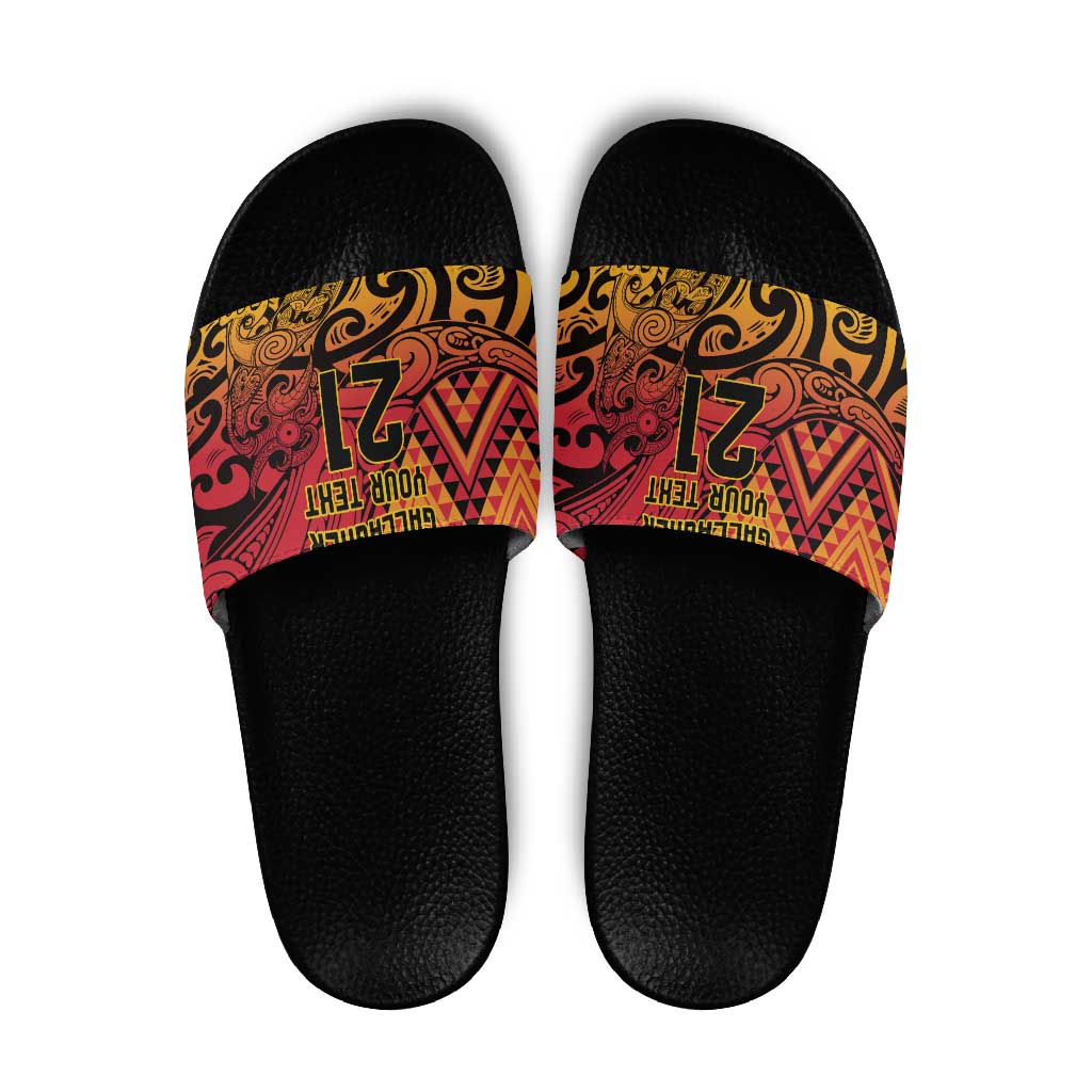 New Zealand Rangatira Custom Slide Sandals Red and Gold Niho Taniwha Maori Tribal - Aussie Hoodie