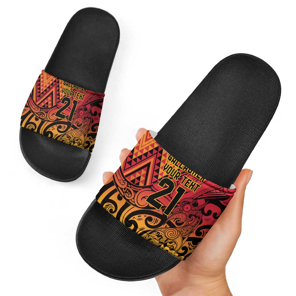 New Zealand Rangatira Custom Slide Sandals Red and Gold Niho Taniwha Maori Tribal - Aussie Hoodie
