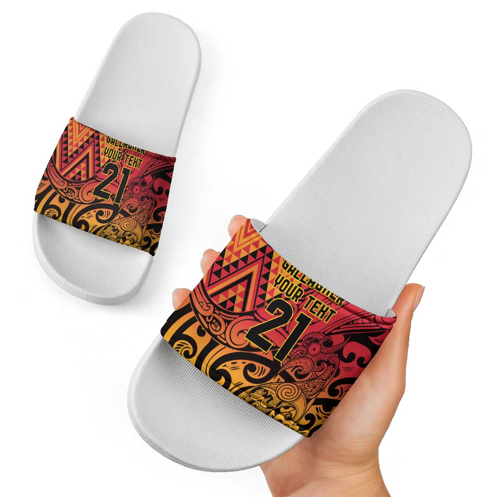 New Zealand Rangatira Custom Slide Sandals Red and Gold Niho Taniwha Maori Tribal - Aussie Hoodie