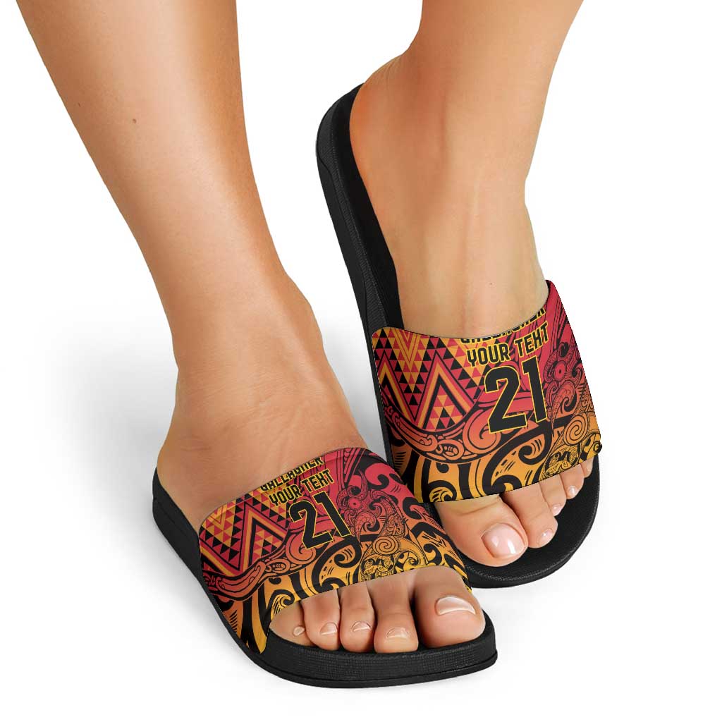 New Zealand Rangatira Custom Slide Sandals Red and Gold Niho Taniwha Maori Tribal - Aussie Hoodie