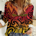 New Zealand Rangatira Custom Women Casual Shirt Red and Gold Niho Taniwha Maori Tribal