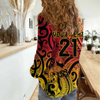 New Zealand Rangatira Custom Women Casual Shirt Red and Gold Niho Taniwha Maori Tribal