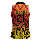 New Zealand Rangatira Custom Women Sleeveless Polo Shirt Red and Gold Niho Taniwha Maori Tribal