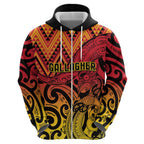 New Zealand Rangatira Custom Zip Hoodie Red and Gold Niho Taniwha Maori Tribal
