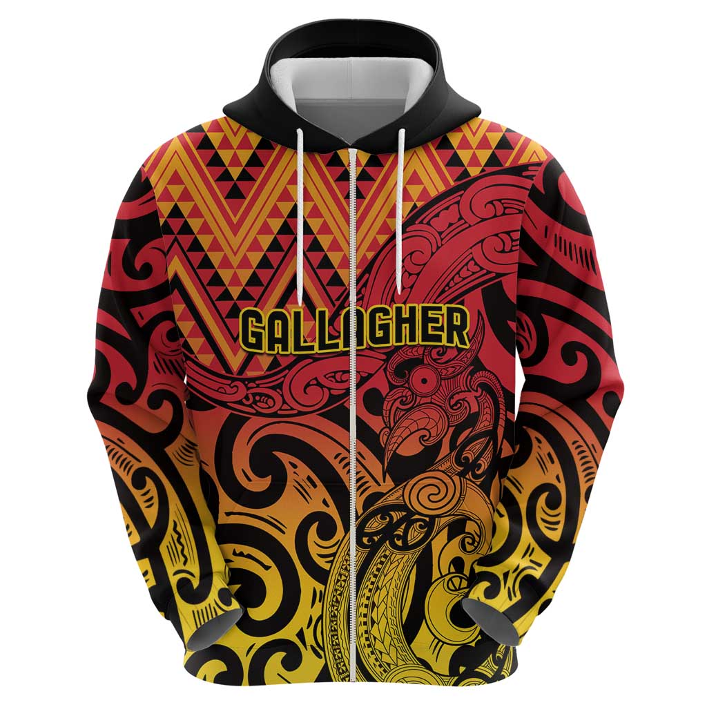 New Zealand Rangatira Custom Zip Hoodie Red and Gold Niho Taniwha Maori Tribal