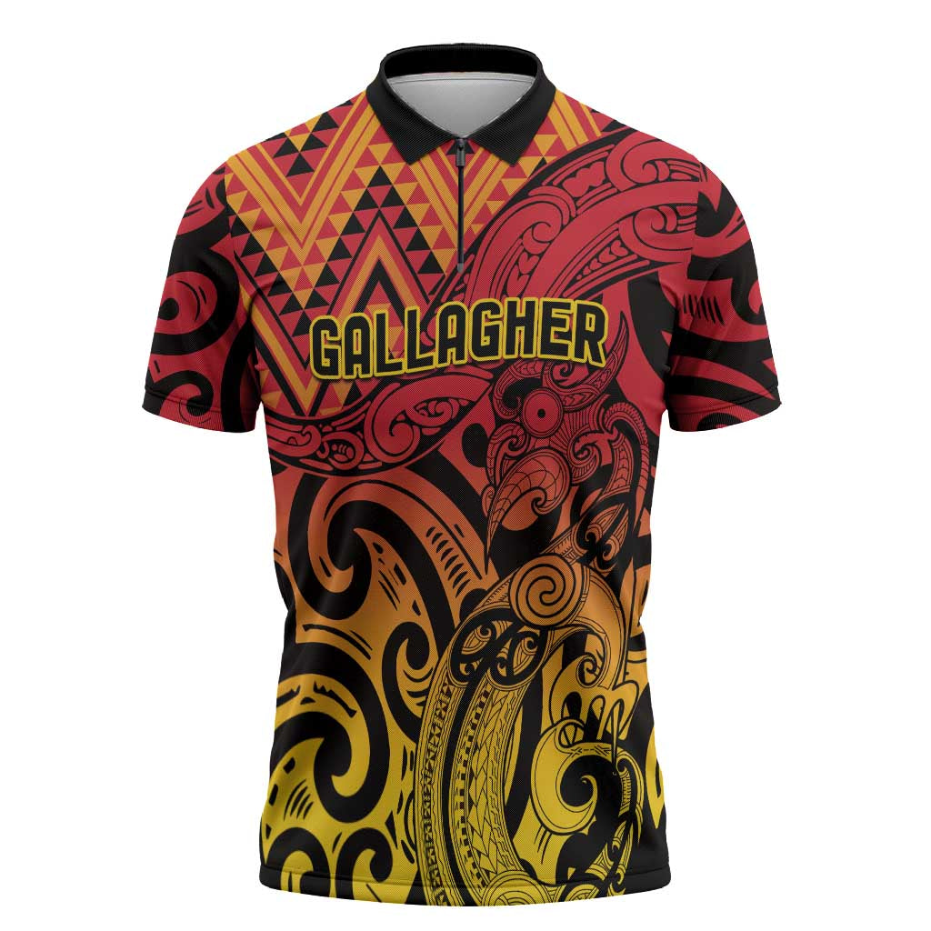 New Zealand Rangatira Custom Zipper Polo Shirt Red and Gold Niho Taniwha Maori Tribal - Aussie Hoodie