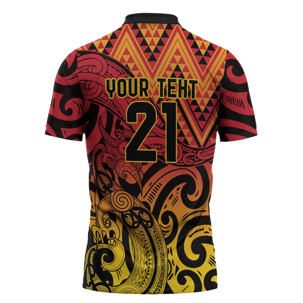 New Zealand Rangatira Custom Zipper Polo Shirt Red and Gold Niho Taniwha Maori Tribal - Aussie Hoodie