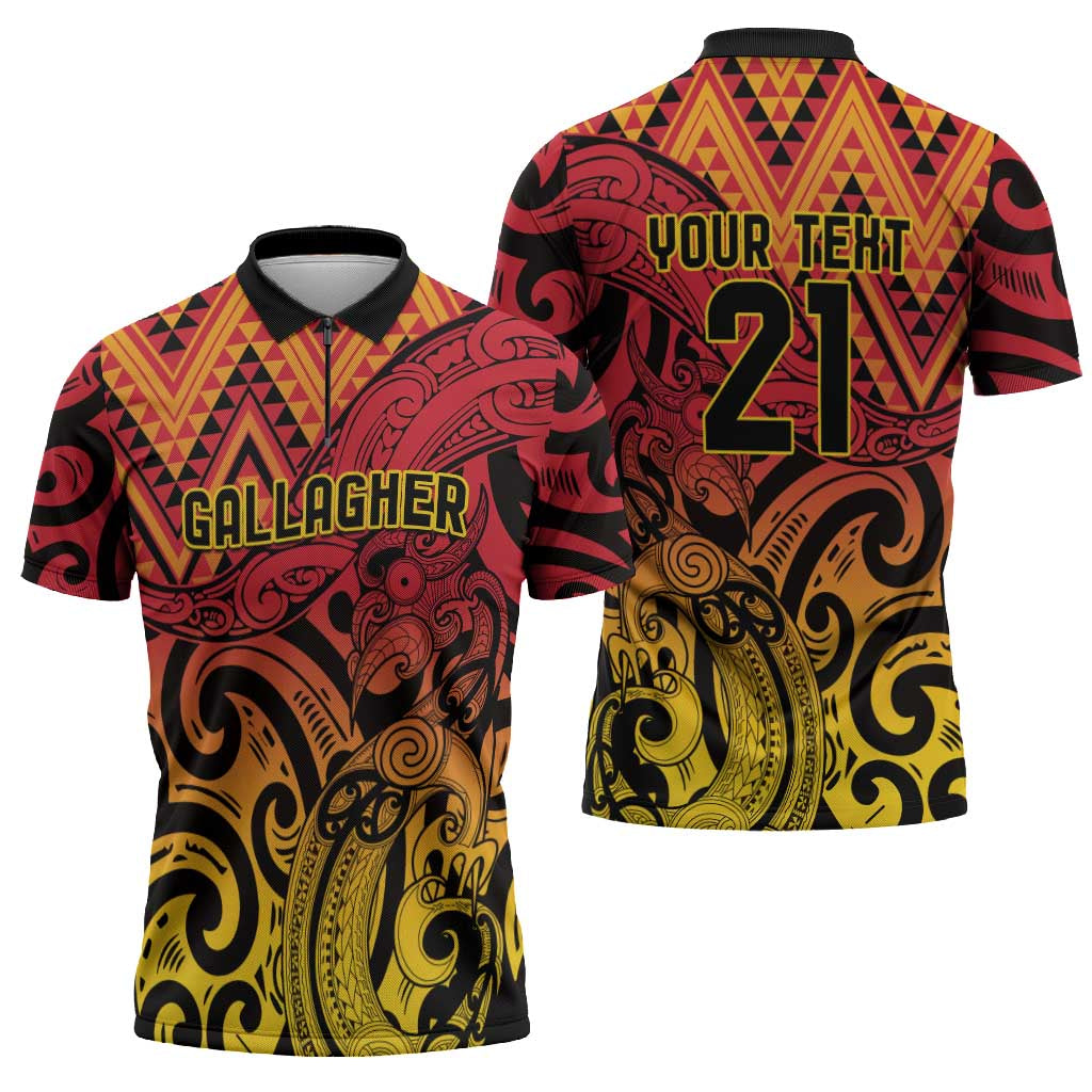 New Zealand Rangatira Custom Zipper Polo Shirt Red and Gold Niho Taniwha Maori Tribal - Aussie Hoodie