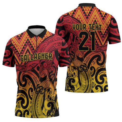 New Zealand Rangatira Custom Zipper Polo Shirt Red and Gold Niho Taniwha Maori Tribal - Aussie Hoodie