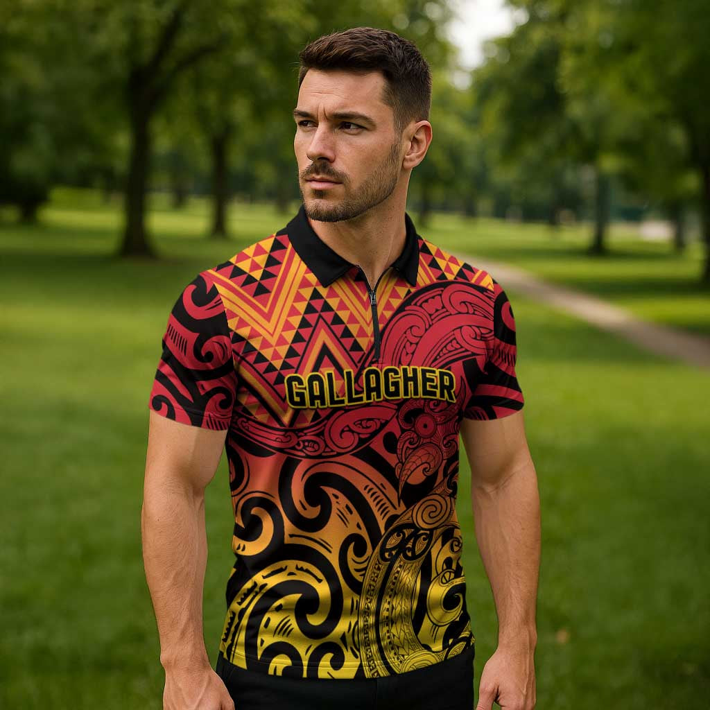 New Zealand Rangatira Custom Zipper Polo Shirt Red and Gold Niho Taniwha Maori Tribal - Aussie Hoodie