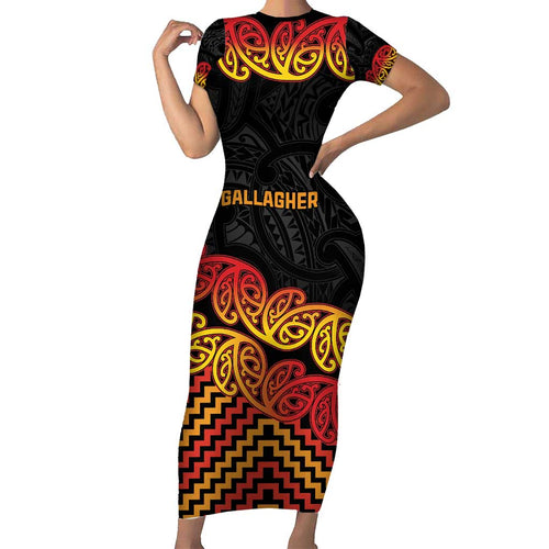 New Zealand Rugby Pacific Custom Short Sleeve Bodycon Dress Rangatira Maori Kowhaiwhai Pattern