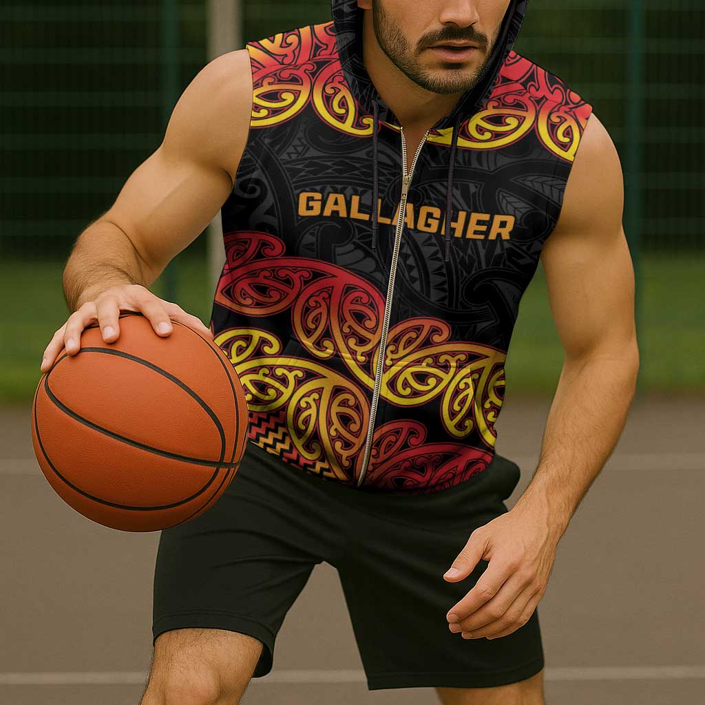 New Zealand Rugby Pacific Custom Sleeveless Zip Hoodie Rangatira Maori Kowhaiwhai Pattern - Aussie Hoodie