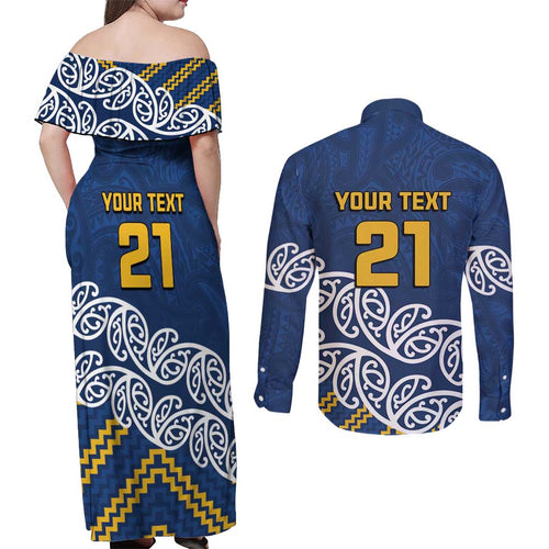 New Zealand Rugby Pacific Custom Couples Matching Off Shoulder Maxi Dress and Long Sleeve Button Shirt Kahupeka Maori Kowhaiwhai Pattern