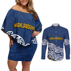New Zealand Rugby Pacific Custom Couples Matching Off Shoulder Short Dress and Long Sleeve Button Shirt Kahupeka Maori Kowhaiwhai Pattern
