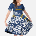 New Zealand Rugby Pacific Custom Kid Short Sleeve Dress Kahupeka Maori Kowhaiwhai Pattern