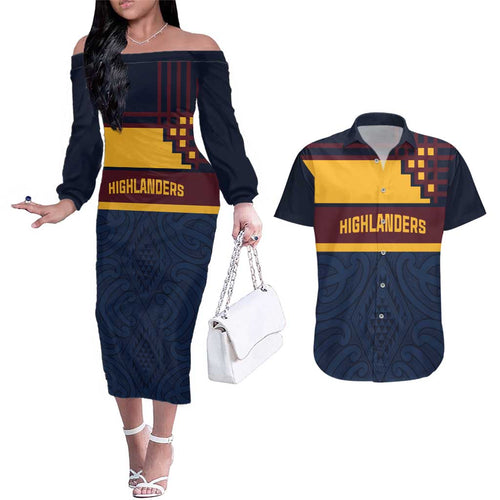 New Zealand Rugby Pacific Custom Couples Matching Off The Shoulder Long Sleeve Dress and Hawaiian Shirt Kahupeka Retro 2025 Taniko Motif
