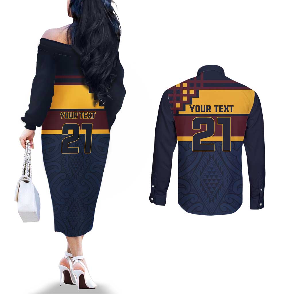 New Zealand Rugby Pacific Custom Couples Matching Off The Shoulder Long Sleeve Dress and Long Sleeve Button Shirt Kahupeka Retro 2025 Taniko Motif