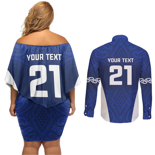 New Zealand Rugby Pacific Custom Couples Matching Off Shoulder Short Dress and Long Sleeve Button Shirt Kahurangi Auckland All Blue