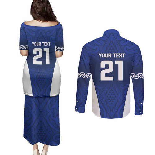 New Zealand Rugby Pacific Custom Couples Matching Puletasi and Long Sleeve Button Shirt Kahurangi Auckland All Blue