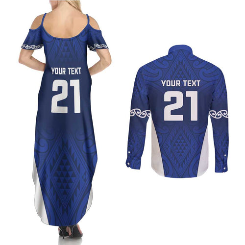 New Zealand Rugby Pacific Custom Couples Matching Summer Maxi Dress and Long Sleeve Button Shirt Kahurangi Auckland All Blue