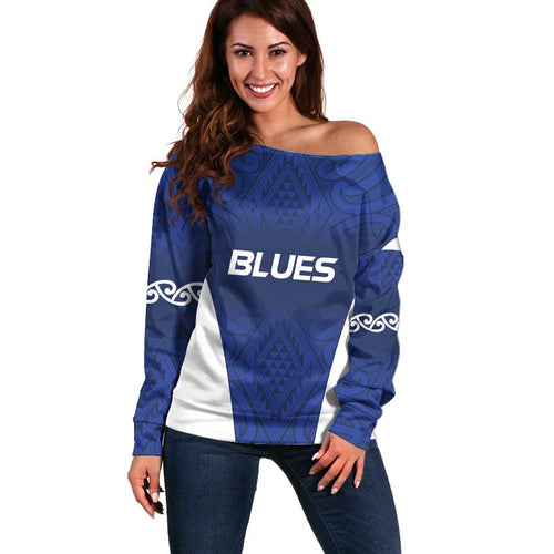 New Zealand Rugby Pacific Custom Off Shoulder Sweater Kahurangi Auckland All Blue