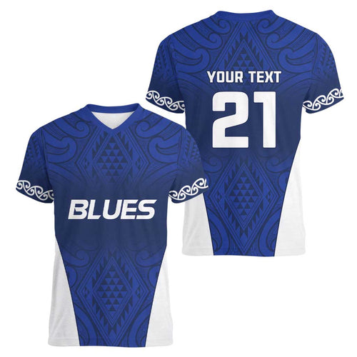 New Zealand Rugby Pacific Custom Women V-Neck T-Shirt Kahurangi Auckland All Blue