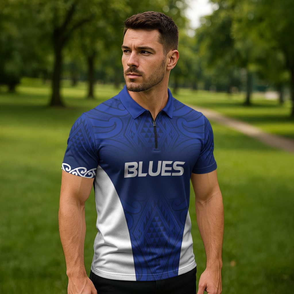 New Zealand Rugby Pacific Custom Zipper Polo Shirt Kahurangi Auckland All Blue - Aussie Hoodie