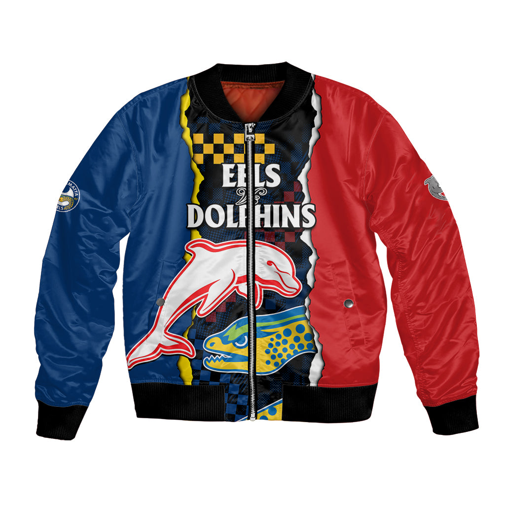 custom-text-and-number-nrl-combine-dolphins-and-parra-eels-bomber-jacket-simple-style