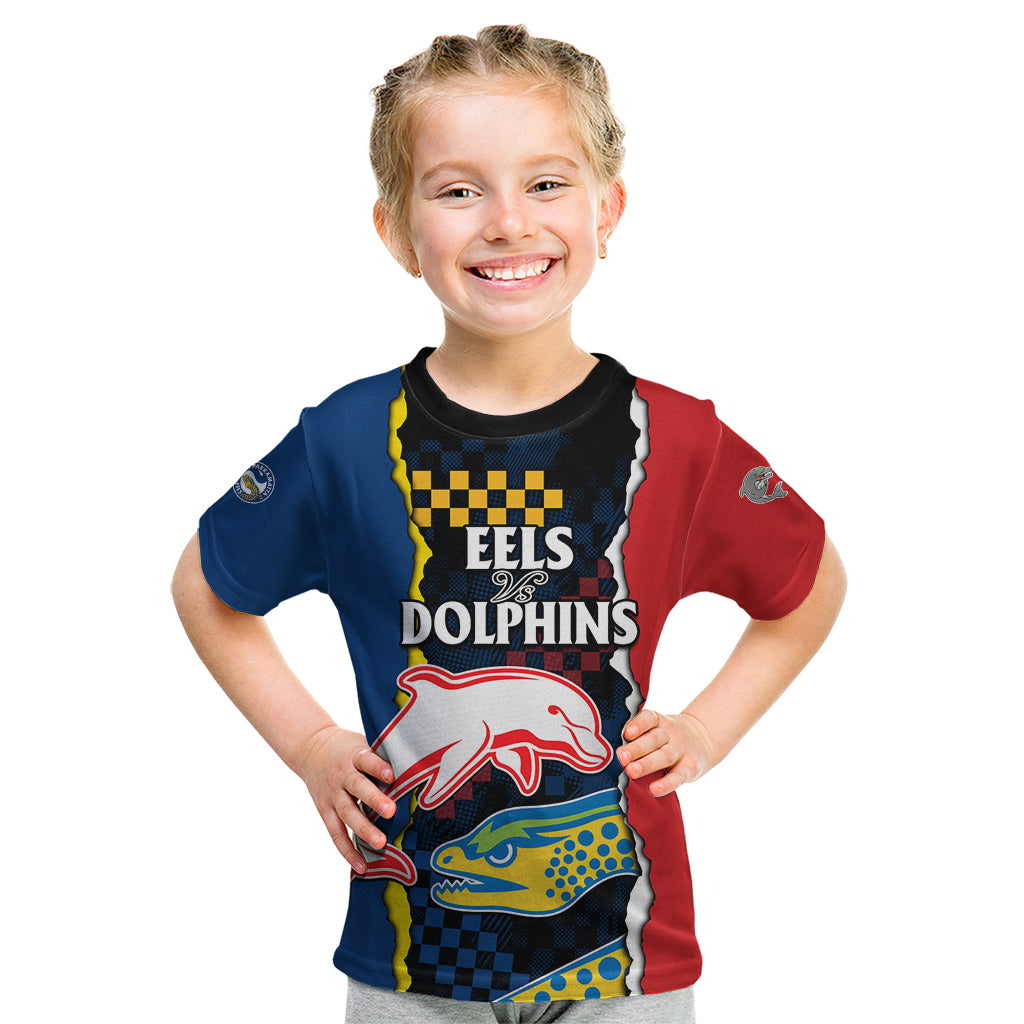 custom-text-and-number-nrl-combine-dolphins-and-parra-eels-kid-t-shirt-simple-style