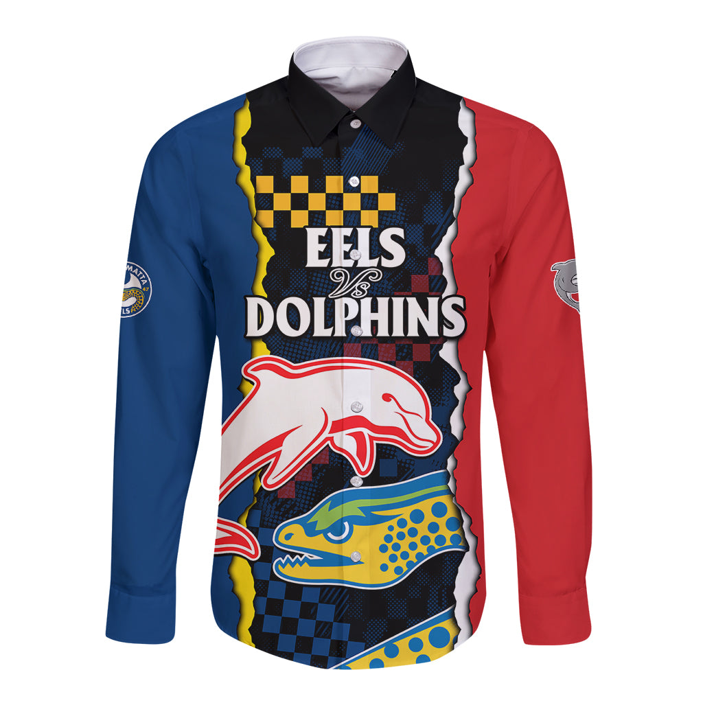 custom-text-and-number-nrl-combine-dolphins-and-parra-eels-long-sleeve-button-shirt-simple-style