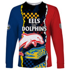 custom-text-and-number-nrl-combine-dolphins-and-parra-eels-long-sleeve-shirt-simple-style