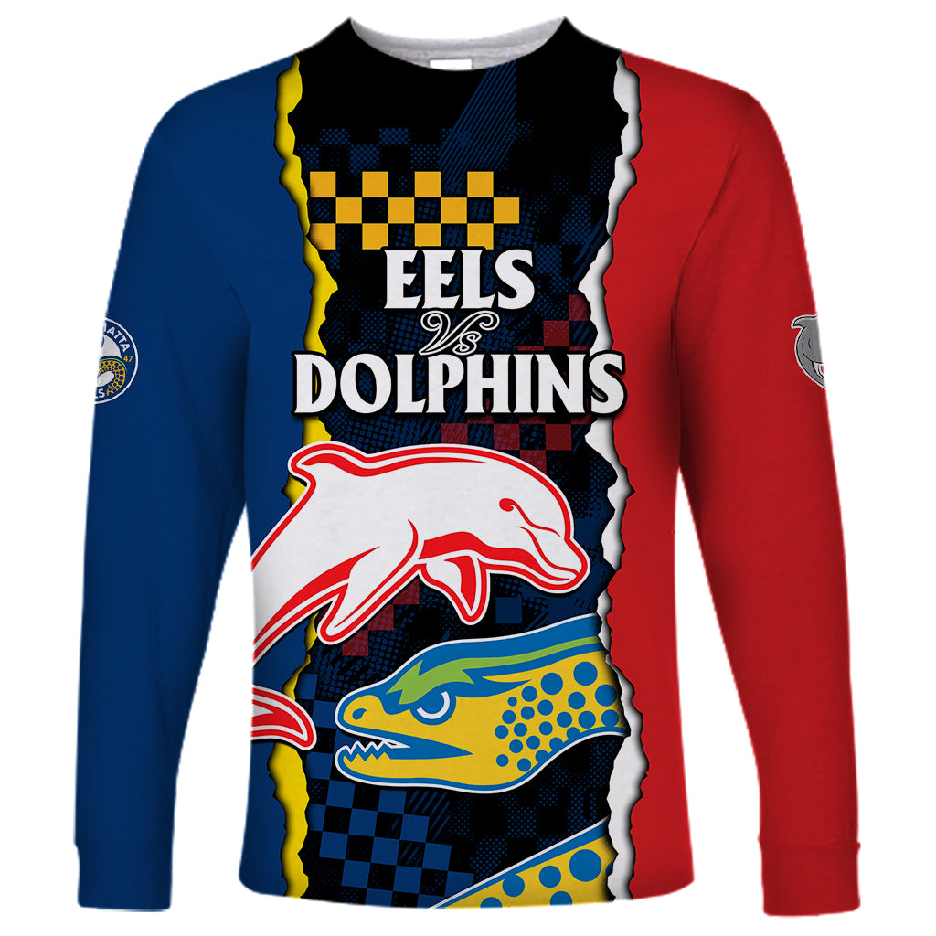 custom-text-and-number-nrl-combine-dolphins-and-parra-eels-long-sleeve-shirt-simple-style