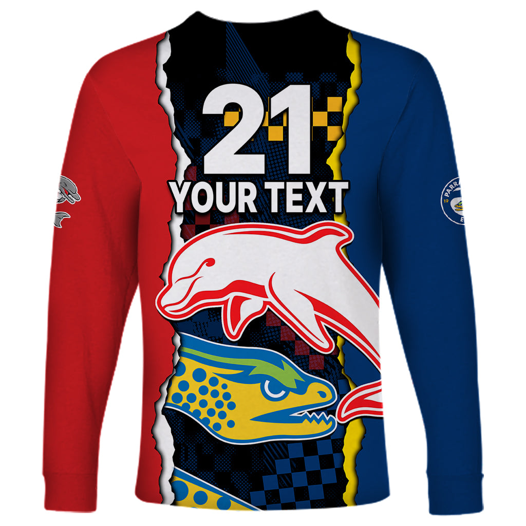 custom-text-and-number-nrl-combine-dolphins-and-parra-eels-long-sleeve-shirt-simple-style
