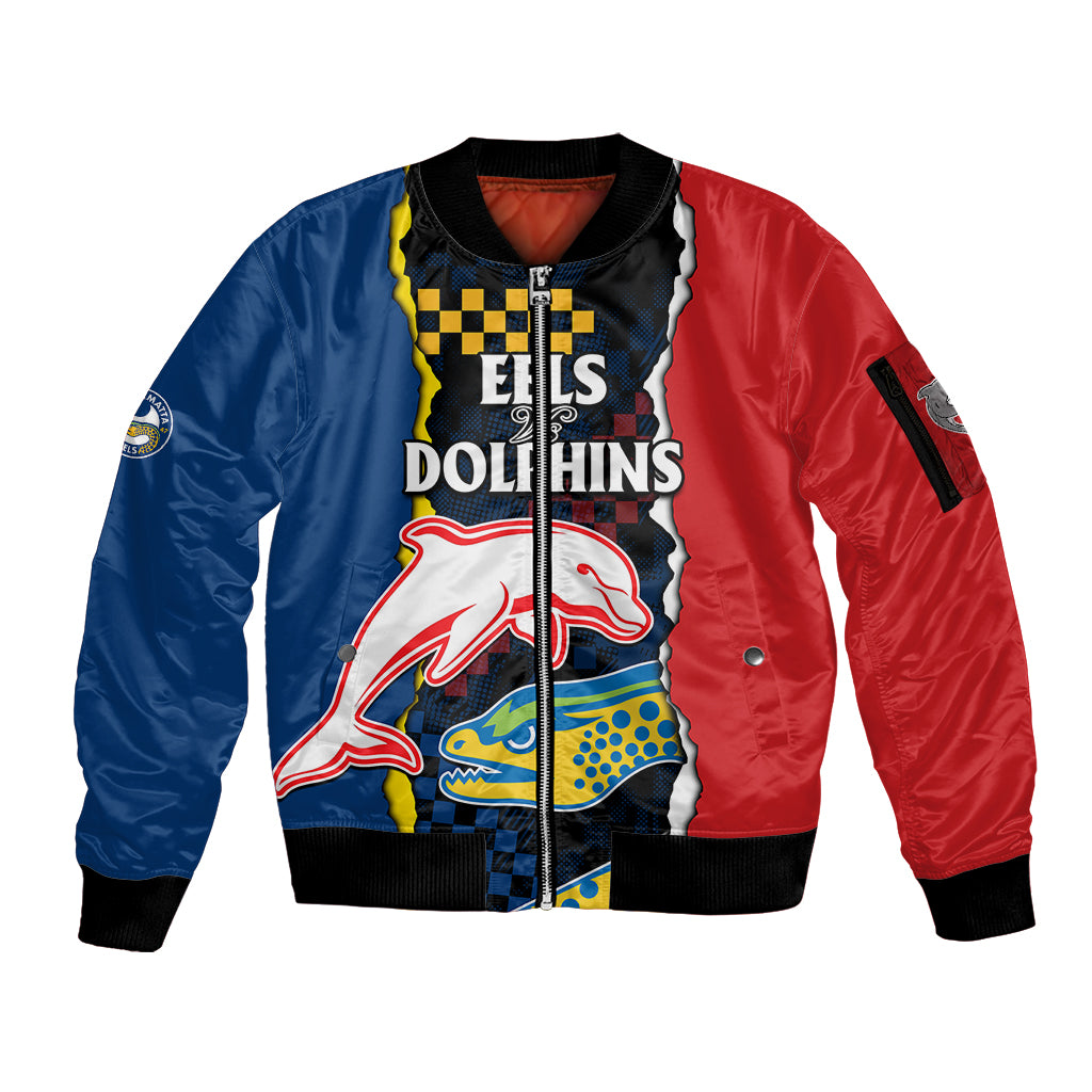 custom-text-and-number-nrl-combine-dolphins-and-parra-eels-sleeve-zip-bomber-jacket-simple-style