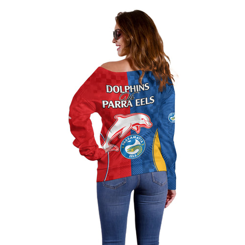 NRL Dolphins Combine Parra Eels Off Shoulder Sweater Sporty Style LT9
