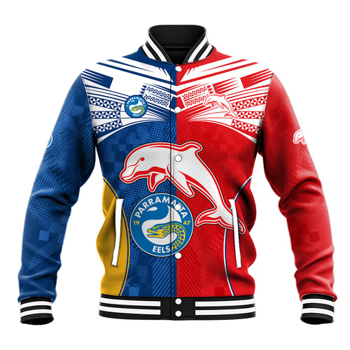 (Custom Text And Number) NRL Dolphins Combine Parra Eels Baseball Jacket Sporty Style LT9