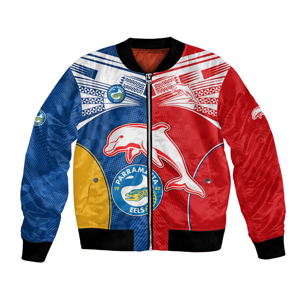 (Custom Text And Number) NRL Dolphins Combine Parra Eels Bomber Jacket Sporty Style LT9