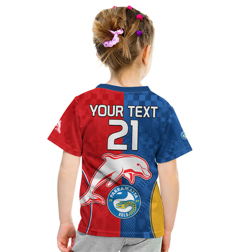 (Custom Text And Number) NRL Dolphins Combine Parra Eels Kid T Shirt Sporty Style LT9