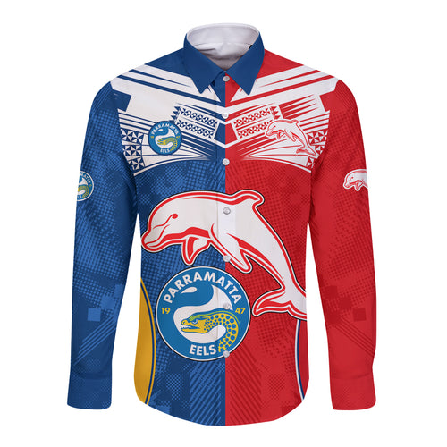 (Custom Text And Number) NRL Dolphins Combine Parra Eels Long Sleeve Button Shirt Sporty Style LT9