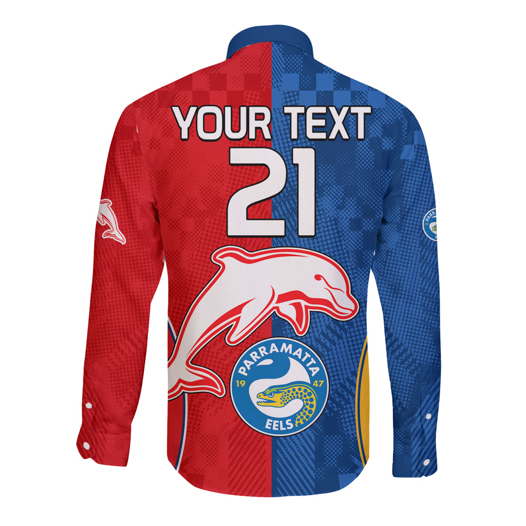 (Custom Text And Number) NRL Dolphins Combine Parra Eels Long Sleeve Button Shirt Sporty Style LT9