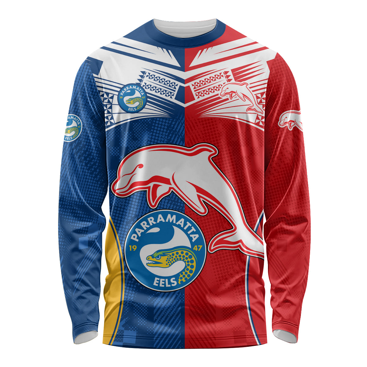(Custom Text And Number) NRL Dolphins Combine Parra Eels Long Sleeve Shirt Sporty Style LT9