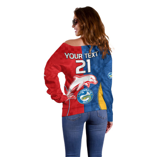 (Custom Text And Number) NRL Dolphins Combine Parra Eels Off Shoulder Sweater Sporty Style LT9