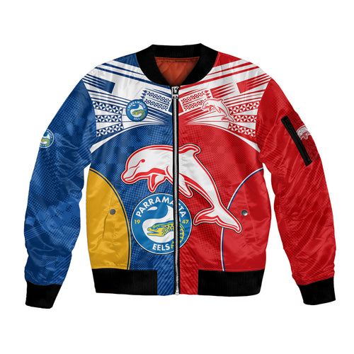 (Custom Text And Number) NRL Dolphins Combine Parra Eels Sleeve Zip Bomber Jacket Sporty Style LT9
