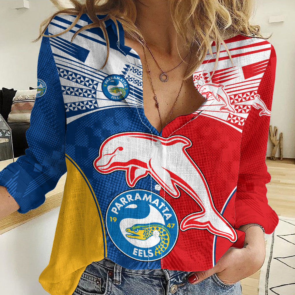 (Custom Text And Number) NRL Dolphins Combine Parra Eels Women Casual Shirt Sporty Style LT9