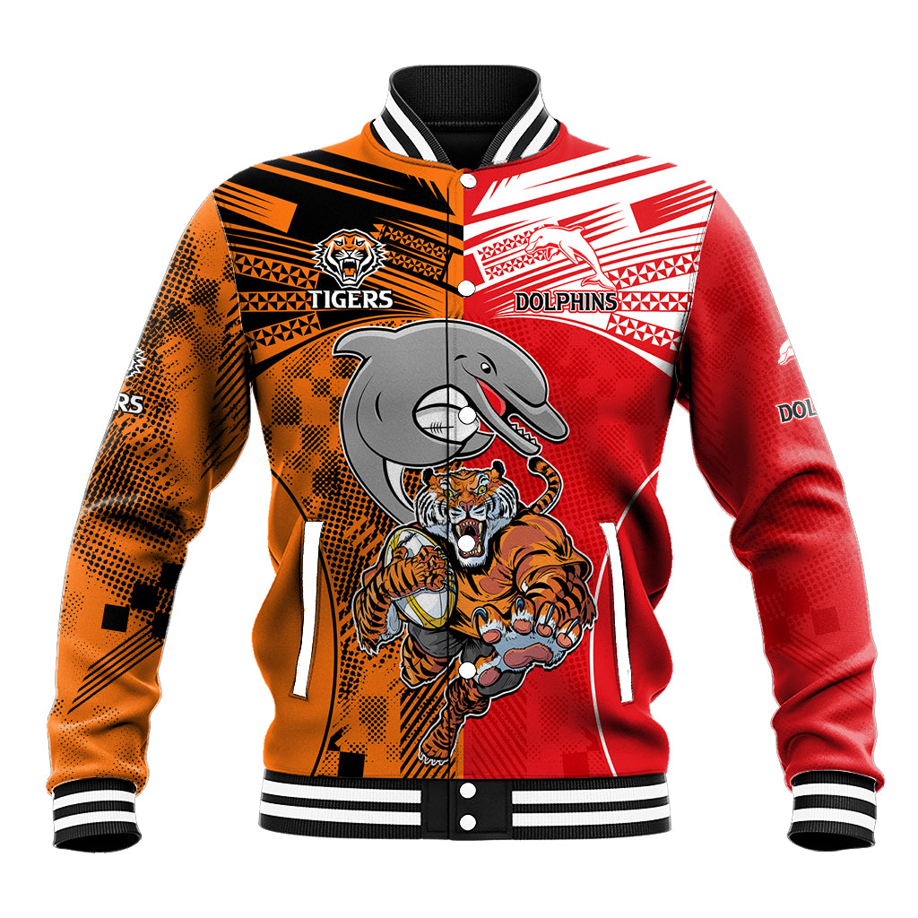 (Custom Text And Number) NRL Half Dolphins and Half Tigers Baseball Jacket Sporty Style LT9