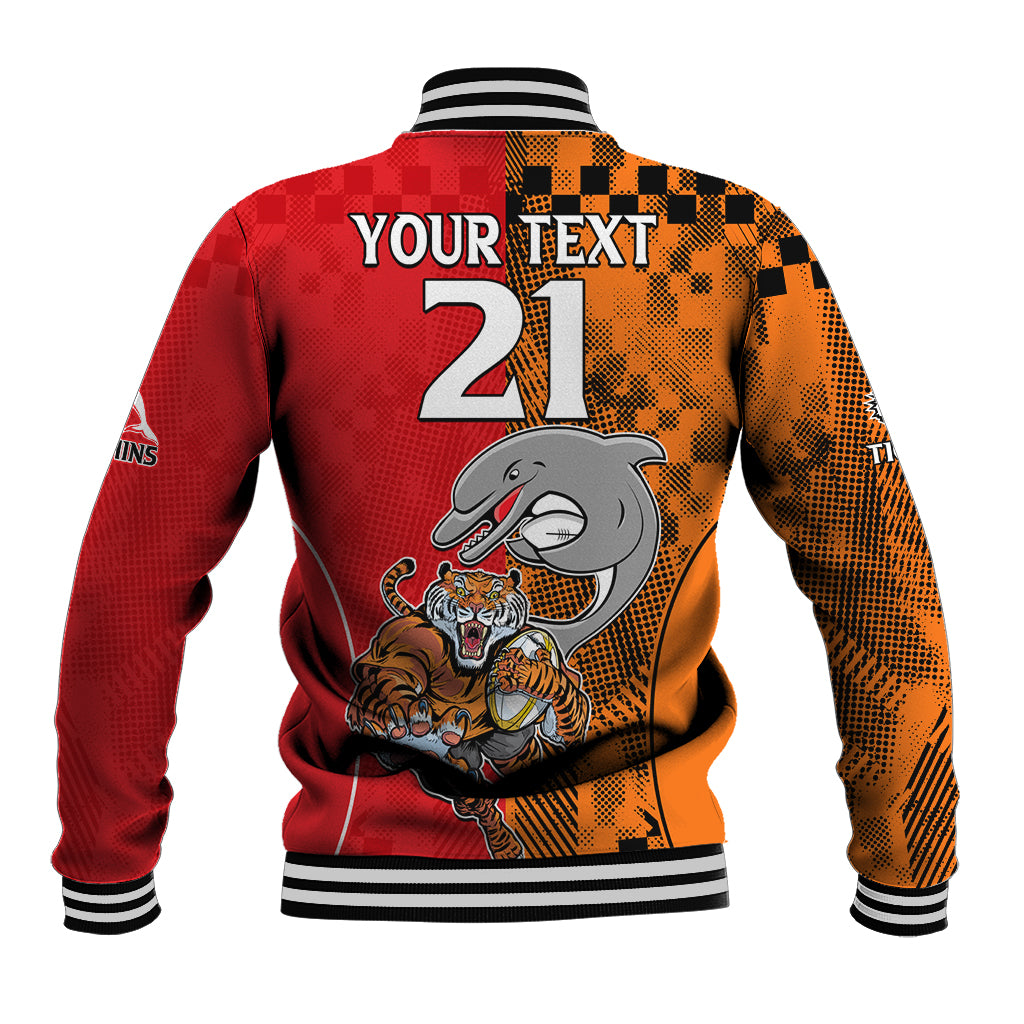 (Custom Text And Number) NRL Half Dolphins and Half Tigers Baseball Jacket Sporty Style LT9