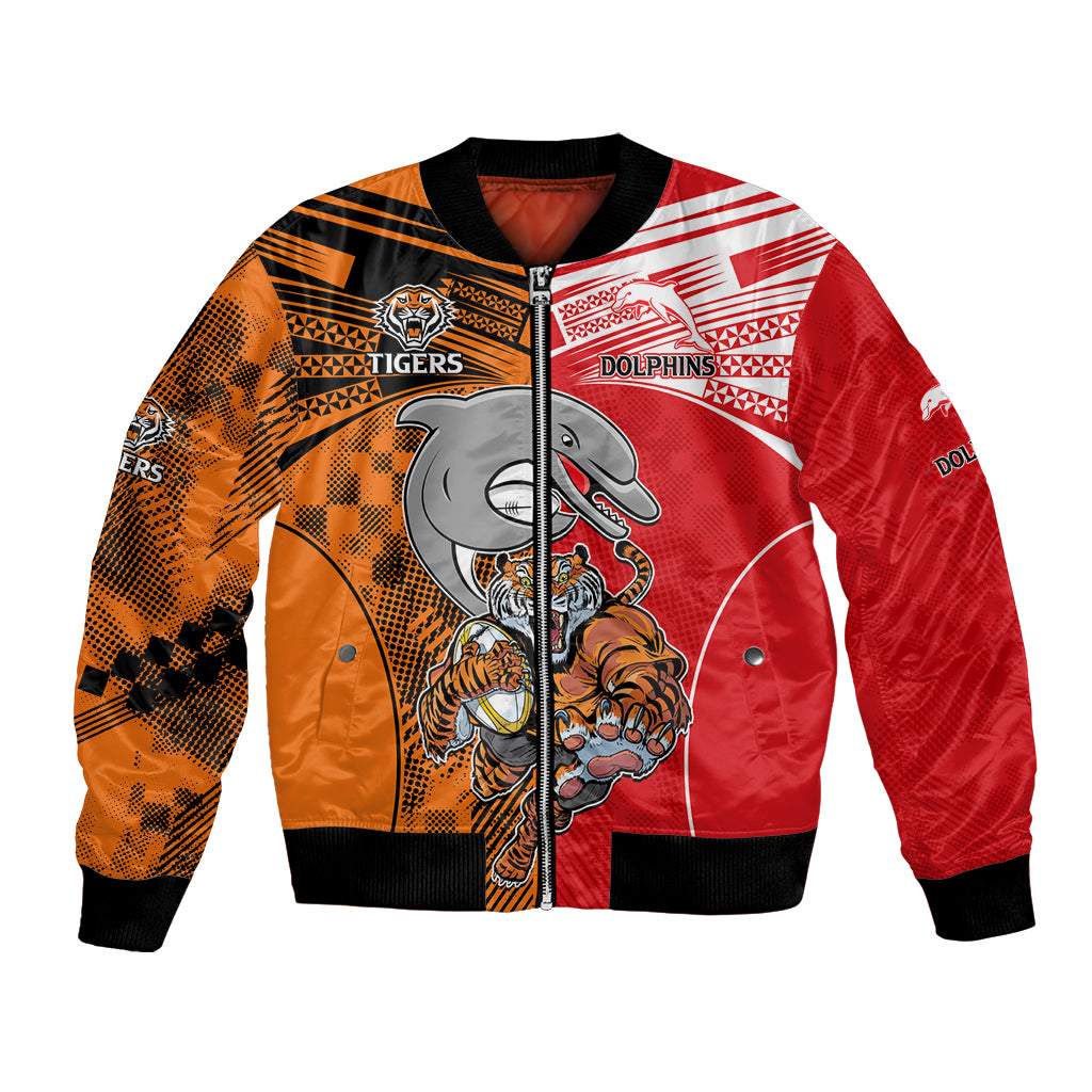 (Custom Text And Number) NRL Half Dolphins and Half Tigers Bomber Jacket Sporty Style LT9