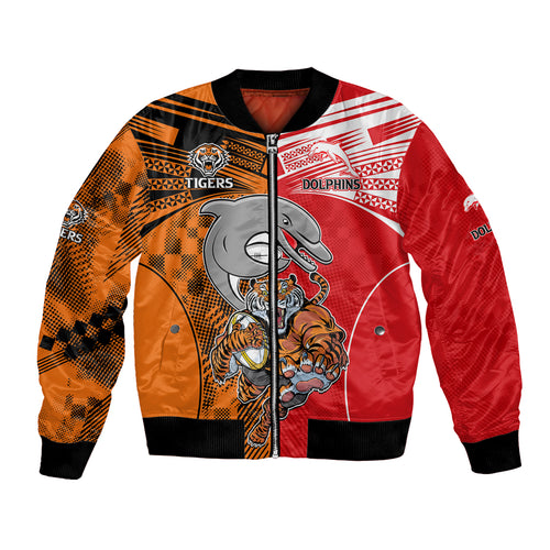 (Custom Text And Number) NRL Half Dolphins and Half Tigers Bomber Jacket Sporty Style LT9