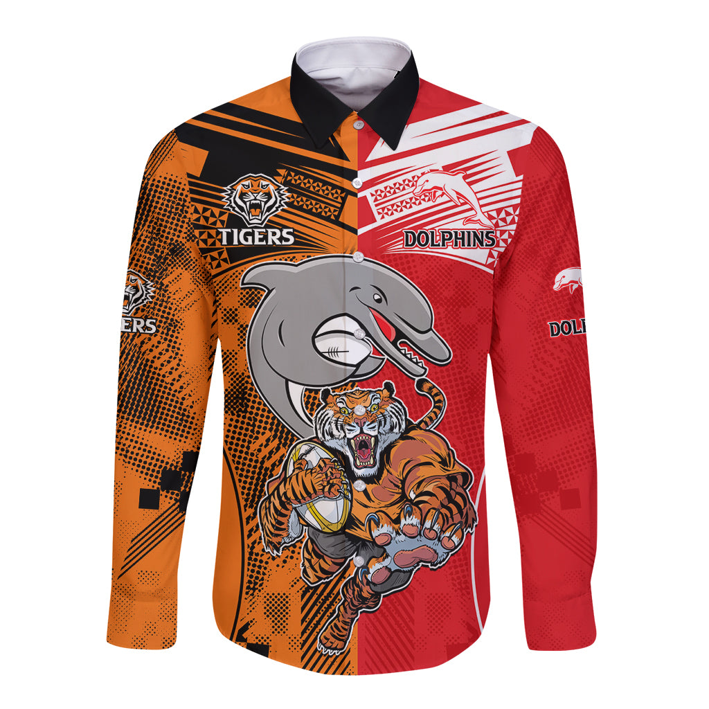 (Custom Text And Number) NRL Half Dolphins and Half Tigers Long Sleeve Button Shirt Sporty Style LT9