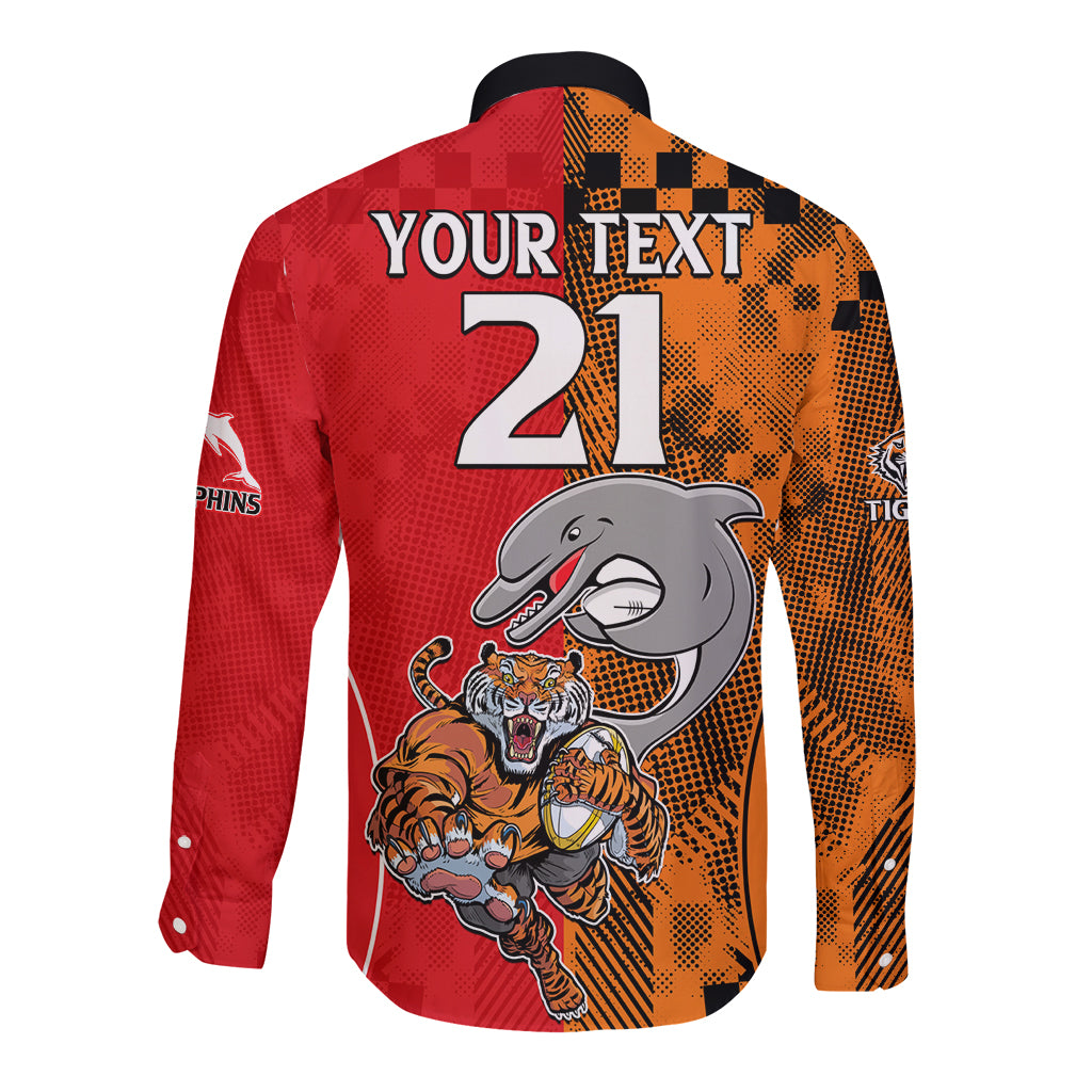 (Custom Text And Number) NRL Half Dolphins and Half Tigers Long Sleeve Button Shirt Sporty Style LT9